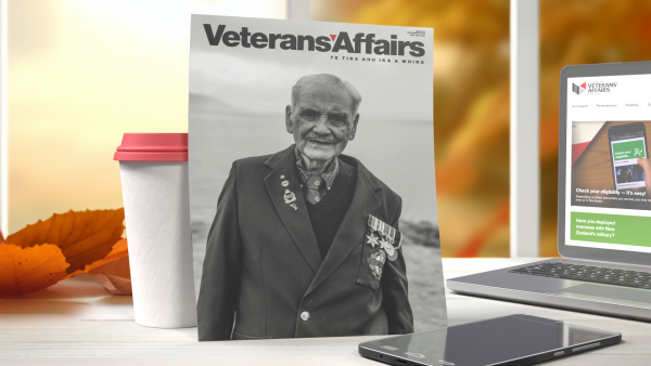 A magazine propped up on a table beside a computer, phone, and cup of coffee