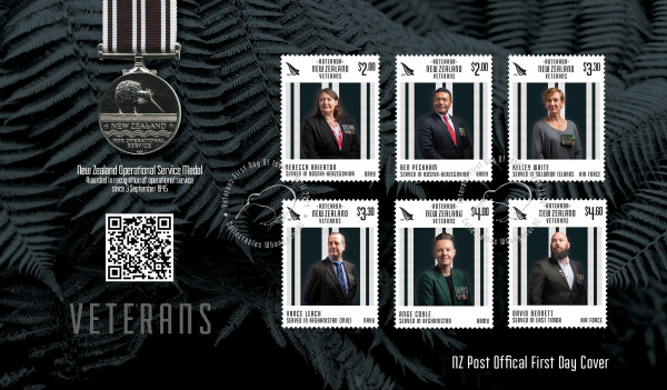 6 stamps of veterans on a silver fern background, with a New Zealand Operational Service Metal to the left