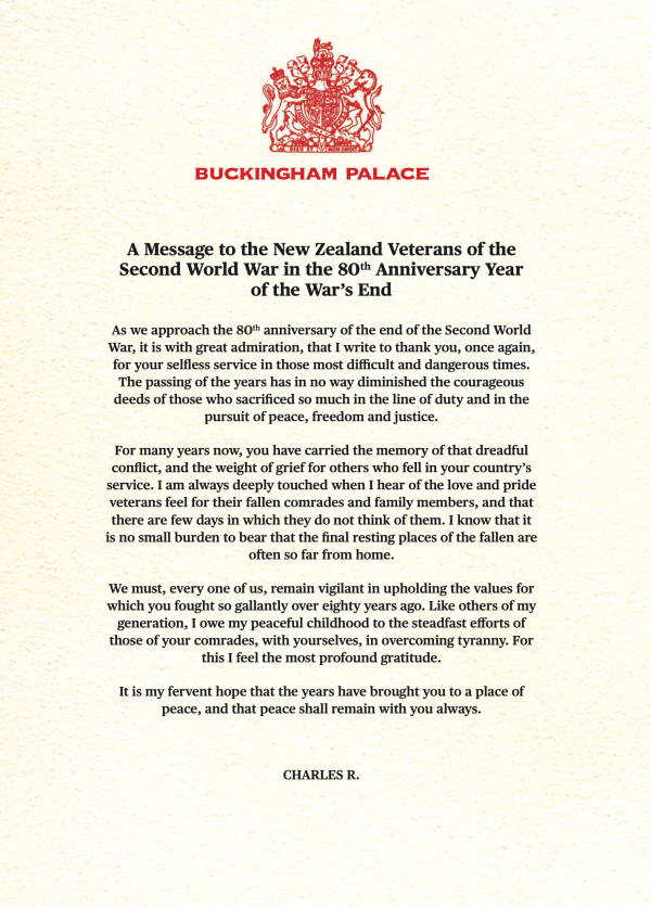 A letter from King Charles to acknowledge the 80th anniversary of the Second World War.