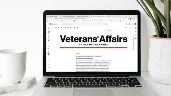 Laptop on a table displaying a Veterans' Affairs email newsletter